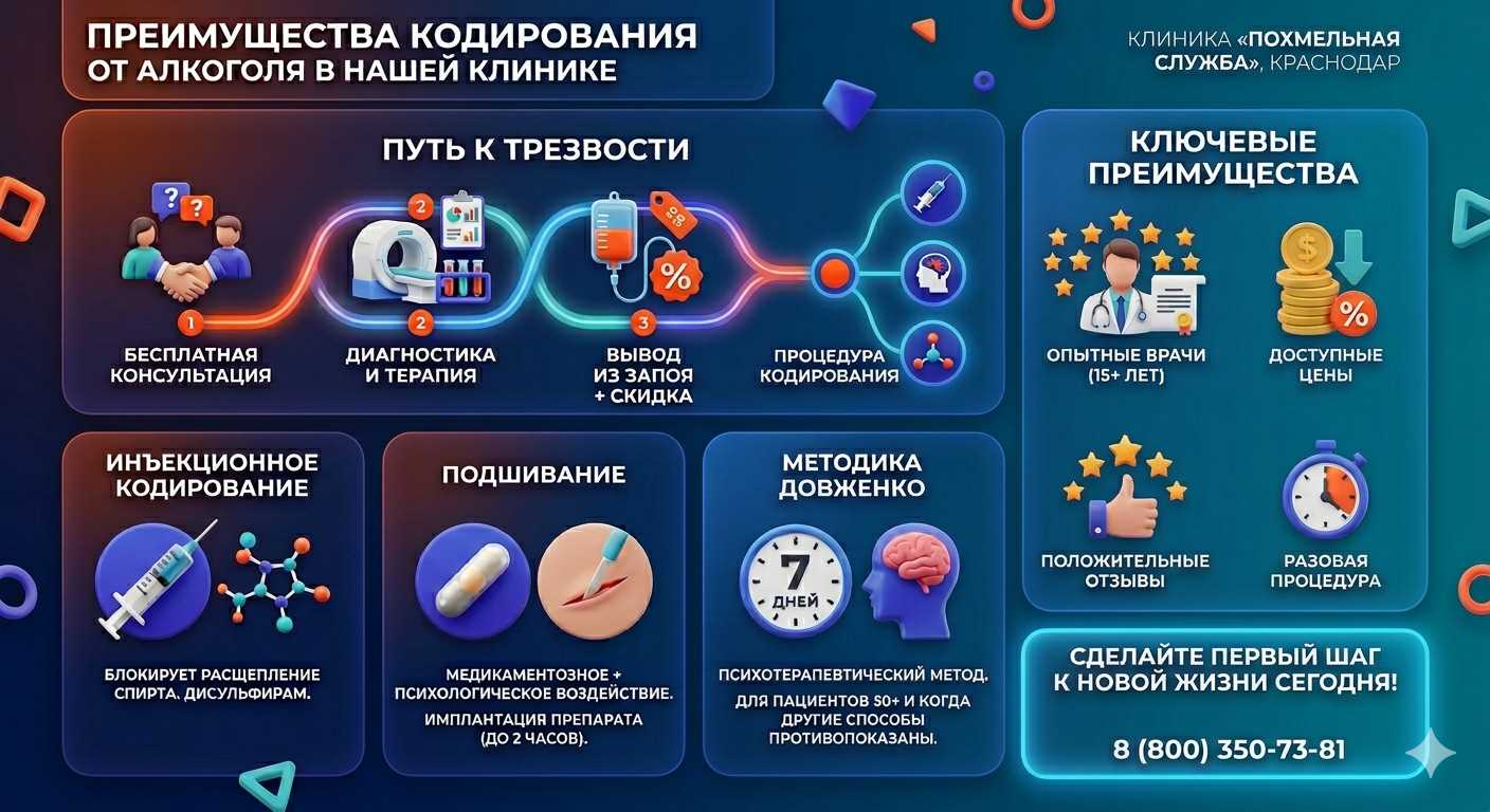 Инфографика о методах кодирования от алкоголя в Тутаеве: инъекции, подшивание, метод Довженко. Преимущества клиники и этапы лечения.